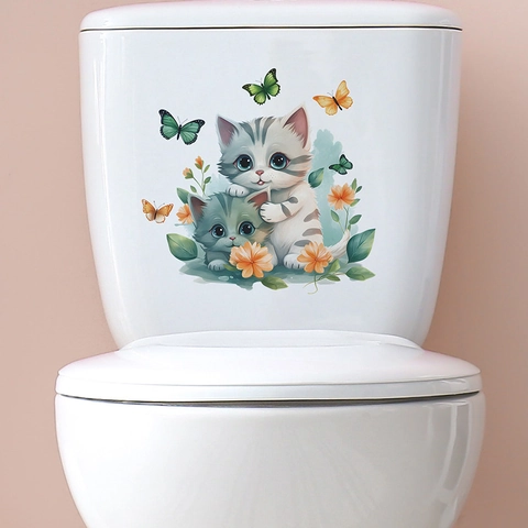 Cute Cartoon Cat Butterfly Flower Toilet Sticker Waterproof PVC Bathroom Decal Self Adhesive Home Decor Mural Art Sticker