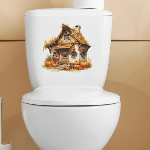 Cartoon Pumpkin House PVC Toilet Sticker Waterproof Removable Autumn Halloween Bathroom Wall Decal For Home Decor