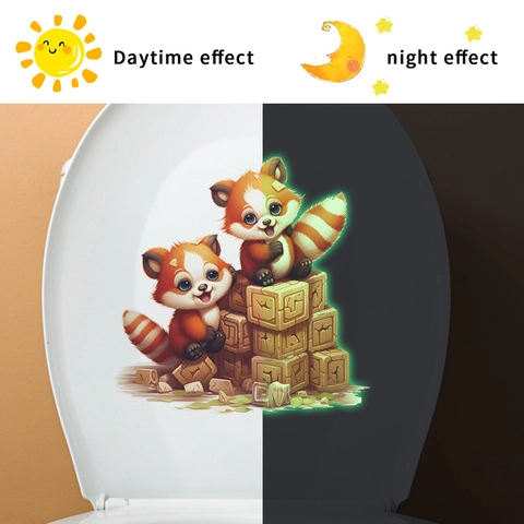Glow In The Dark Cartoon Red Panda Wall Sticker Bathroom Toilet Decor PVC Self Adhesive Luminous Animal Decal Blocks