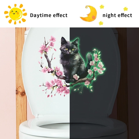 Adesivo da Parete Luminoso Gatto Nero Fiori Di Ciliegio PVC Autoadesivo Fluorescente Per Bagno Casa Decorazione