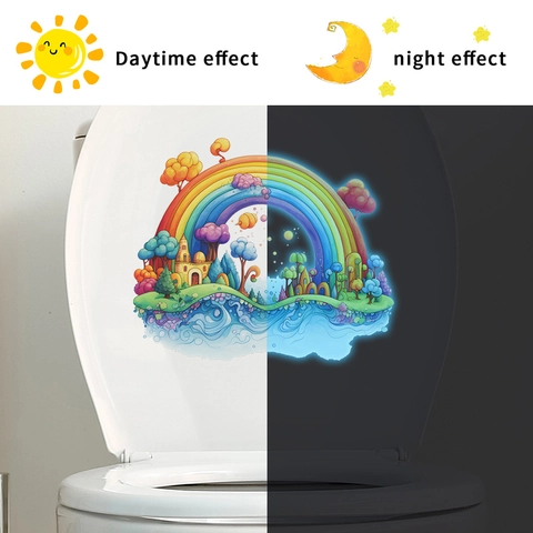 Adesivo per WC Luminoso con Arcobaleno e Castello Brilla al Buio in PVC Cartone Animato Fantasy Arredo Bagno Decalcomania da Parete