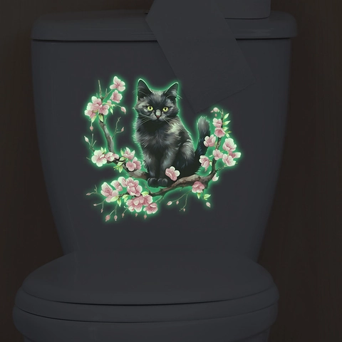 Adesivo da Parete Luminoso Gatto Nero Fiori Di Ciliegio PVC Autoadesivo Fluorescente Per Bagno Casa Decorazione