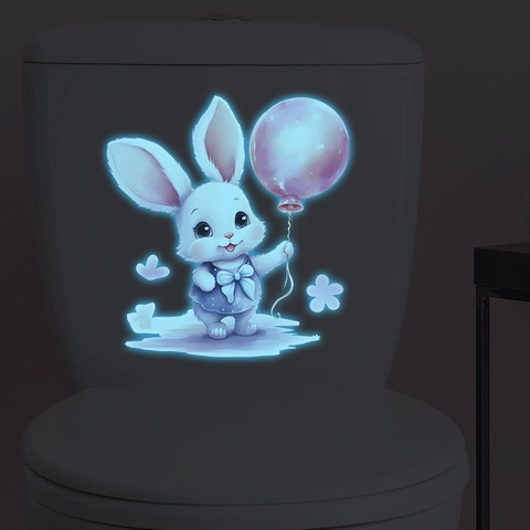 Simpatico Adesivo per WC con Coniglio Cartone Animato e Palloncino Fluorescente al Buio in PVC Autoadesivo per Bagno Bambini