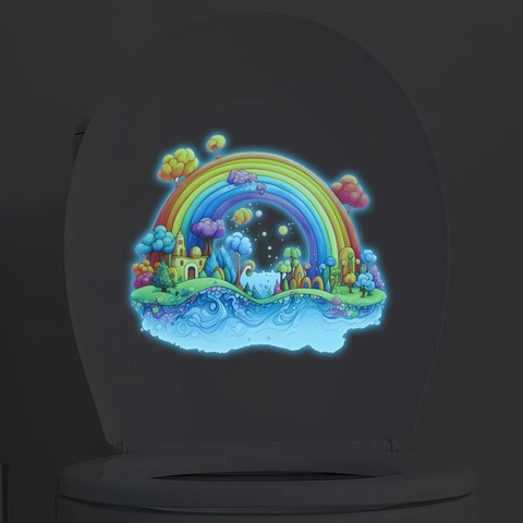 Adesivo per WC Luminoso con Arcobaleno e Castello Brilla al Buio in PVC Cartone Animato Fantasy Arredo Bagno Decalcomania da Parete