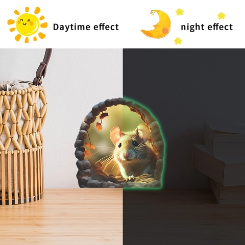 3D Mouse Hole Wall Sticker Luminous Glow In The Dark Mouse Hole Decal Removable PVC Animal Mural For Kids Bedroom Home Decor