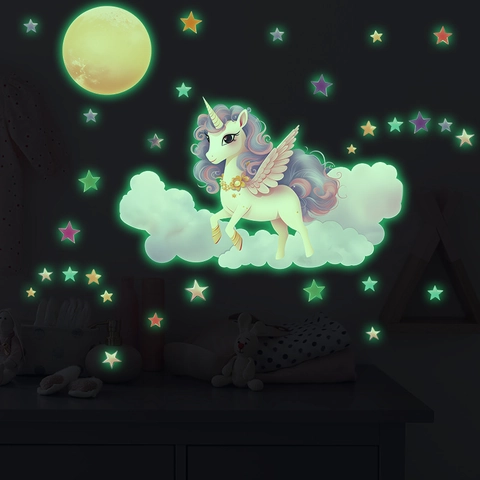 Stickers Muraux Licorne Lune Étoiles Lumineux Dans le Noir PVC Amovible Décoration Murale Pour Chambre d'Enfant Crèche