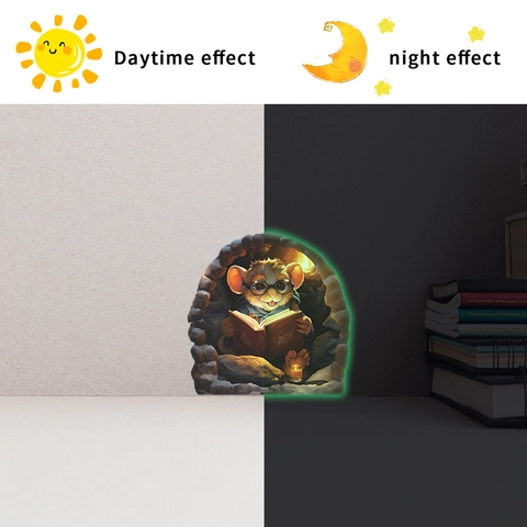 Adesivo da Parete 3D Topolino Che Legge Nel Buco Fluorescente al Buio Decalcomania in PVC per Camera dei Bambini Casa Decor