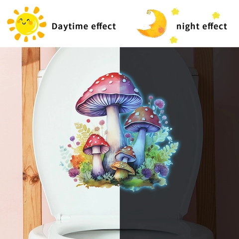 Sticker de Toilette Champignon Phosphorescent Aquarelle Décalcomanie Murale de Salle de Bain PVC Auto-Adhésif Décoration Maison