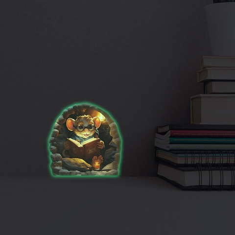 Adesivo da Parete 3D Topolino Che Legge Nel Buco Fluorescente al Buio Decalcomania in PVC per Camera dei Bambini Casa Decor