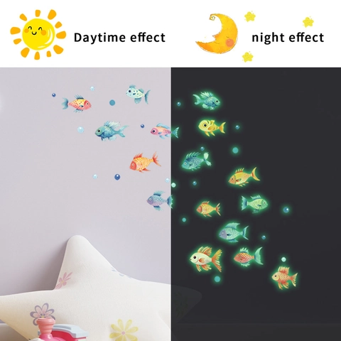 Cartoon Marine Fish Luminous Wall Stickers Glow In Dark PVC Removable Adhesive Sea Animal Decals For Kids Bedroom Decor