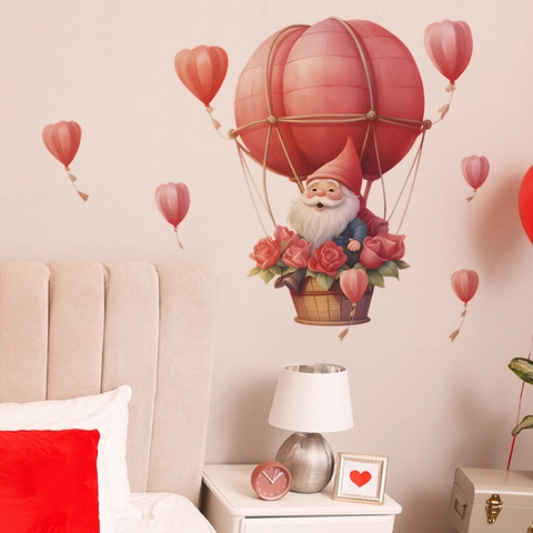 Valentine's Day Gnome Hot Air Balloon Wall Sticker Romantic Pink Heart Rose Floral PVC Removable Self-adhesive Decal Home Decor