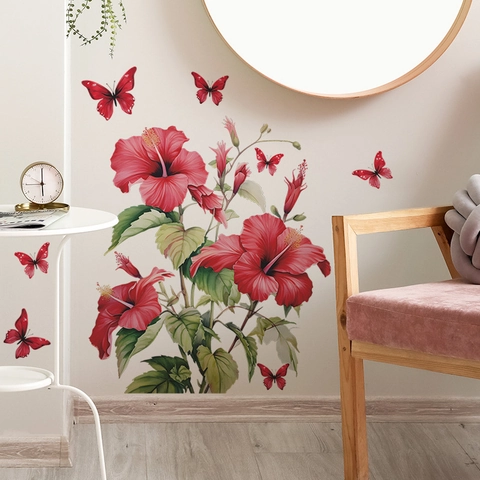 Rote Hibiskus Blume Schmetterling Wandsticker Abnehmbare PVC Selbstklebende Wandtattoo Für Wohnzimmer Schlafzimmer Home Dekoration
