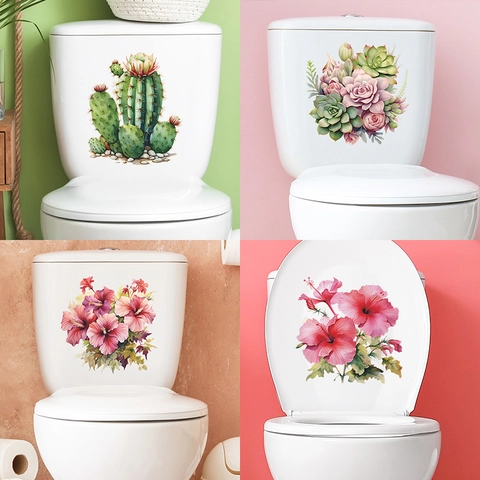 Pegatina para Asiento de Inodoro con Cactus Tropical Suculenta Flor en Acuarela PVC Impermeable Calcomanías de Pared