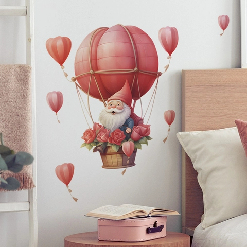 Valentine's Day Gnome Hot Air Balloon Wall Sticker Romantic Pink Heart Rose Floral PVC Removable Self-adhesive Decal Home Decor