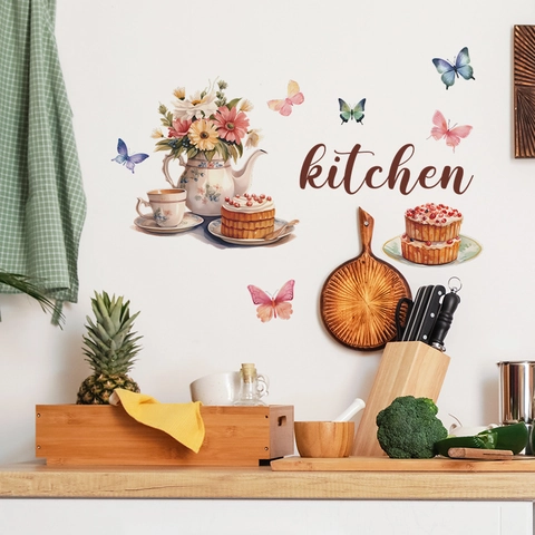 Watercolor Kitchen Wall Sticker Removable PVC Teapot Cake Butterfly Decal For Home Dining Room Kitchen Decoration