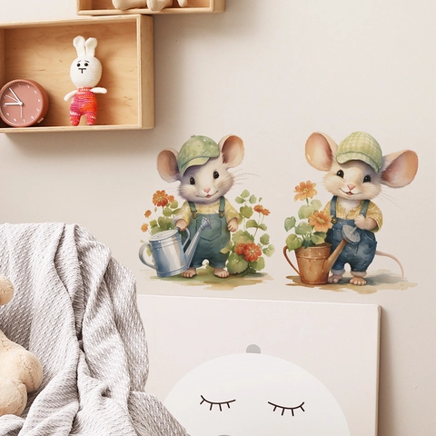 Cartoon Muis Bloemen Water Geven Muursticker Verwijderbare PVC Sticker Voor Kinderkamer Home Decor Wandkunst
