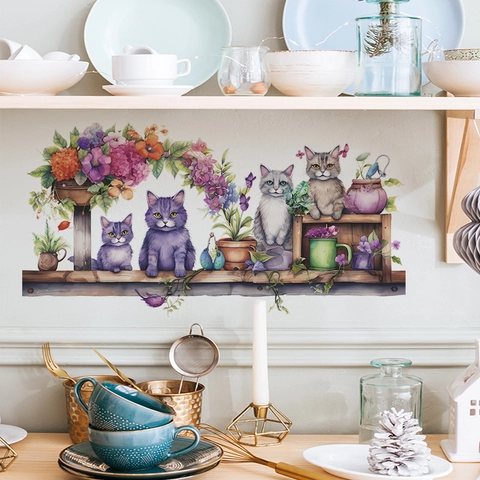 Adesivo Murale Gatto e Fiori Acquerello PVC Autoadesivo per Camera da Letto Ingresso Decorazione Domestica Adesivi Animali Artistici