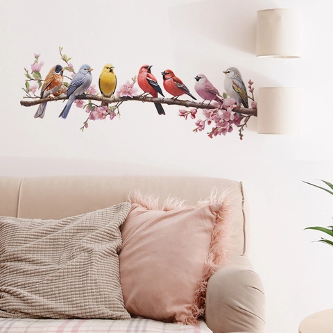 Vivid Colorful Birds On Branch Wall Sticker Waterproof PVC Self-Adhesive Decal For Bedroom Living Room Home Decoration Bird Pattern Wall Mural
