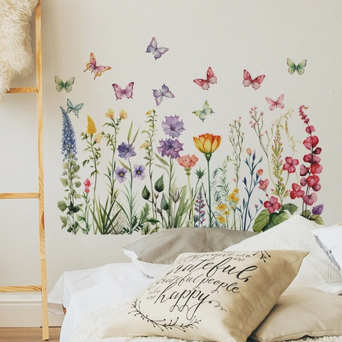 Adesivi da Parete Romantici con Fiori ad Acquerello e Farfalle in PVC Autoadesivi Floreali per Arredamento Camera da Letto