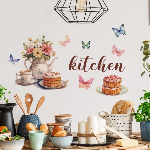 Watercolor Kitchen Wall Sticker Removable PVC Teapot Cake Butterfly Decal For Home Dining Room Kitchen Decoration