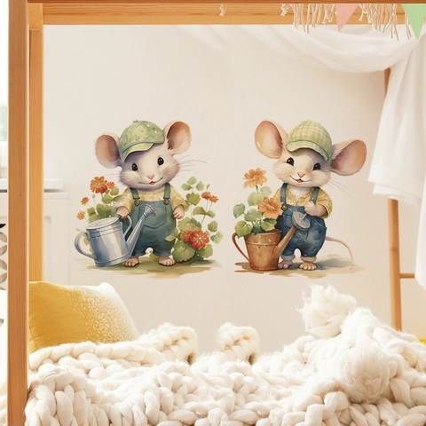 Cartoon Muis Bloemen Water Geven Muursticker Verwijderbare PVC Sticker Voor Kinderkamer Home Decor Wandkunst