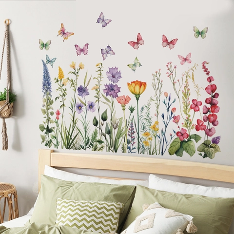 Adesivi da Parete Romantici con Fiori ad Acquerello e Farfalle in PVC Autoadesivi Floreali per Arredamento Camera da Letto
