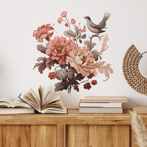 Chinese Peony Flower Magpie Wall Sticker Vintage Botanical Bird Self-Adhesive PVC Removable Decal For Bedroom Home Decor