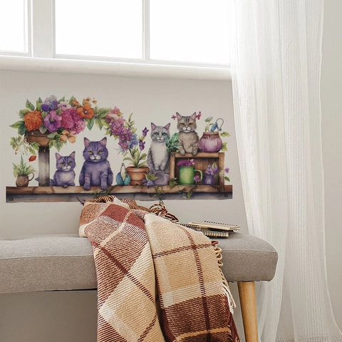 Adesivo Murale Gatto e Fiori Acquerello PVC Autoadesivo per Camera da Letto Ingresso Decorazione Domestica Adesivi Animali Artistici