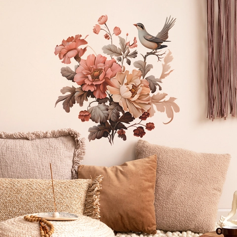 Chinese Peony Flower Magpie Wall Sticker Vintage Botanical Bird Self-Adhesive PVC Removable Decal For Bedroom Home Decor