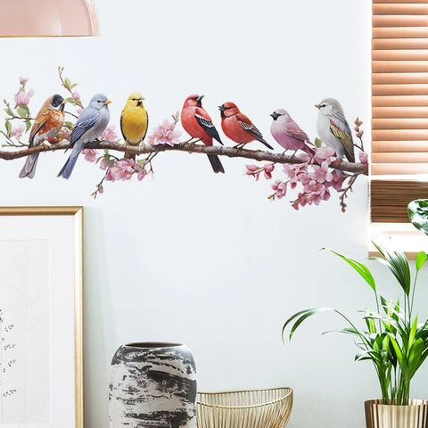 Vivid Colorful Birds On Branch Wall Sticker Waterproof PVC Self-Adhesive Decal For Bedroom Living Room Home Decoration Bird Pattern Wall Mural