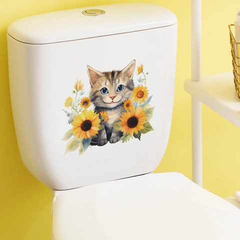 Mignon Chat de Dessin Animé Tournesol Autocollant Mural en PVC Auto-adhésif Sticker Amovible pour Couvercle de Toilettes