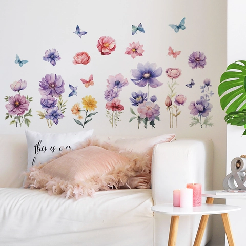 Aquarel Bloem Vlinder Muurstickers Voor Woonkamer Slaapkamer PVC Zelfklevend Romantische Florale Home Decor Muurstickers