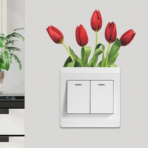 Modern Tulip Flower PVC Wall Stickers Removable Self-Adhesive Light Switch Decoration For Living Room Bedroom Floral Home Decor