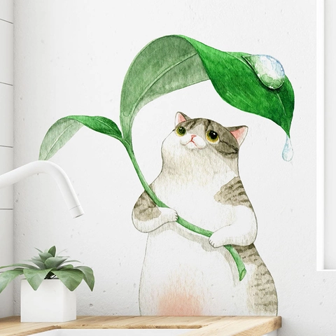 Aquarell Cartoon Katze Hält Blatt Wandtattoo Abnehmbar PVC Selbstklebend Wandaufkleber Für Kinderzimmer Wohnzimmer Deko