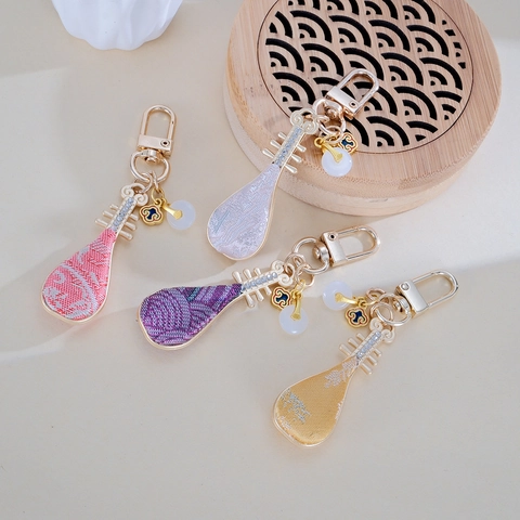 Handmade Chinese Style Pipa Shape Keychain Pendant Retro Cotton Brocade Alloy Rhinestone Bag Accessory Ethnic Ornament