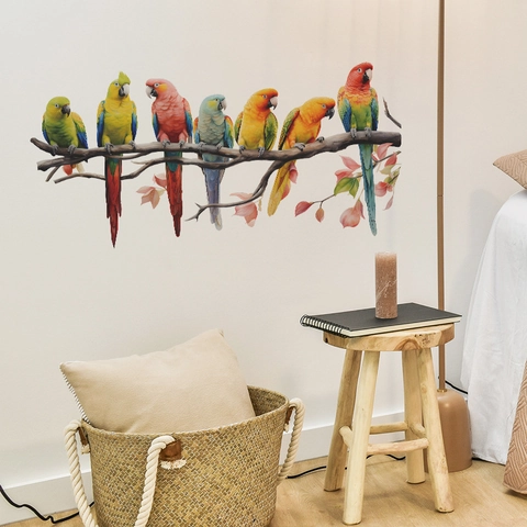 Colorful Parrot Bird On Tree Branch Wall Sticker PVC Removable Home Decor For Kids Bedroom Living Room Entrance Wall Decal