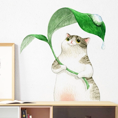 Aquarell Cartoon Katze Hält Blatt Wandtattoo Abnehmbar PVC Selbstklebend Wandaufkleber Für Kinderzimmer Wohnzimmer Deko