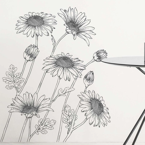 Modern Minimalist Black Sketch Daisy Flower Wall Sticker PVC Artistic Hand Drawn Floral Wall Decal For Bedroom Home Decor