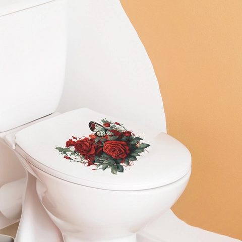 Romantico Adesivo per WC con Rosa Rossa e Farfalla Impermeabile PVC Decalcomanie da Parete per Bagno Casa San Valentino