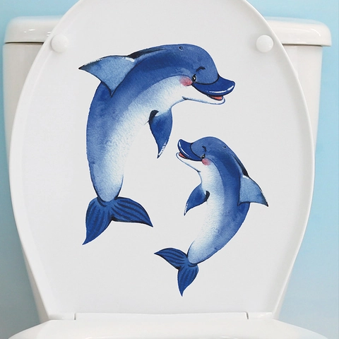 Adesivi per Toilette con Delfini Cartoni Animati Fluorescenti Impermeabile Acquerello Blu Mondo Marino Decalcomanie da Muro per Bagno Decorazione Casa