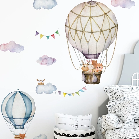 Watercolor Hot Air Balloon Animal Wall Sticker PVC Cartoon Clouds Nursery Decal For Kids Room Bedroom Home Decor