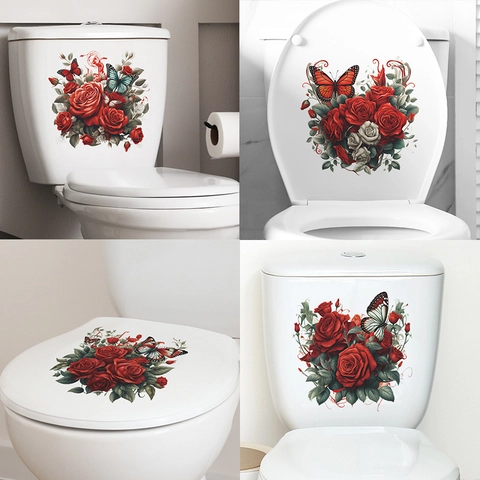 Romantico Adesivo per WC con Rosa Rossa e Farfalla Impermeabile PVC Decalcomanie da Parete per Bagno Casa San Valentino