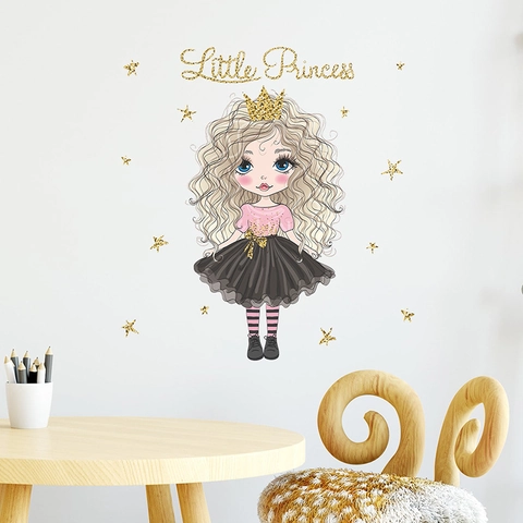 Pegatina de Pared Pequeña Princesa Dibujos Animados Corona Niña Estrellas PVC Calcomanía Removible Decoración Cuarto Niños