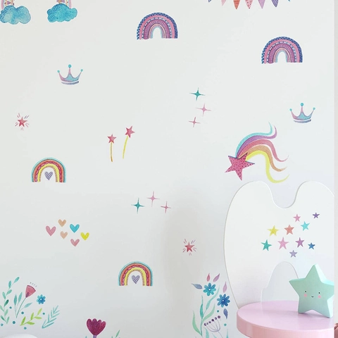 Watercolor Rainbow Wall Stickers For Kids Room Nursery Decor PVC Removable Stars Hearts Crown Bunting Wall Decals For Bedroom Playroom
