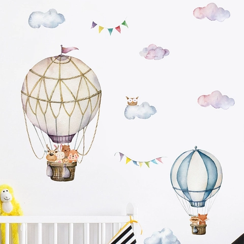 Watercolor Hot Air Balloon Animal Wall Sticker PVC Cartoon Clouds Nursery Decal For Kids Room Bedroom Home Decor