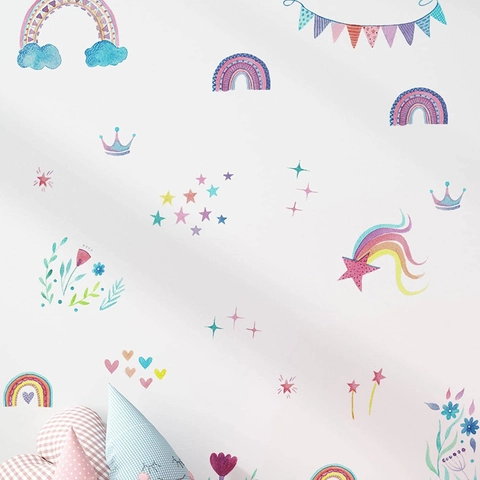 Watercolor Rainbow Wall Stickers For Kids Room Nursery Decor PVC Removable Stars Hearts Crown Bunting Wall Decals For Bedroom Playroom