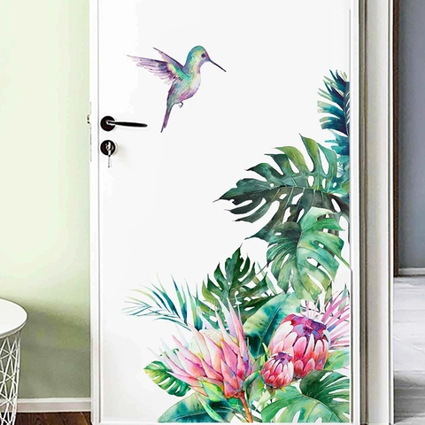 Pegatina de Pared de PVC con Acuarela de Colibrì de la Selva Tropical y Hoja de Monstera Decoración Floral para el Hogar