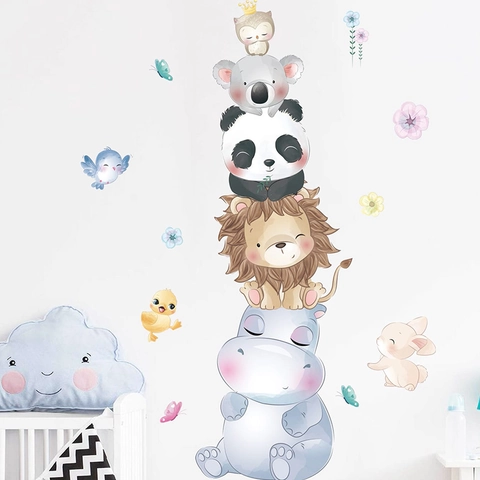Cartoon Animal Stack Wall Sticker PVC Watercolor Hippo Lion Panda Koala Owl Self Adhesive Decal For Kids Nursery Decor