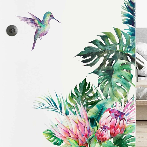 Pegatina de Pared de PVC con Acuarela de Colibrì de la Selva Tropical y Hoja de Monstera Decoración Floral para el Hogar