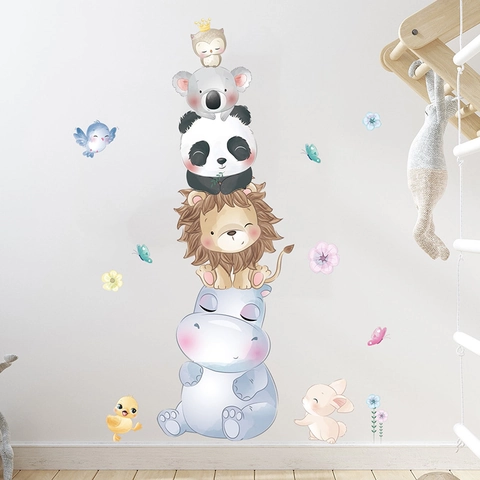 Cartoon Animal Stack Wall Sticker PVC Watercolor Hippo Lion Panda Koala Owl Self Adhesive Decal For Kids Nursery Decor